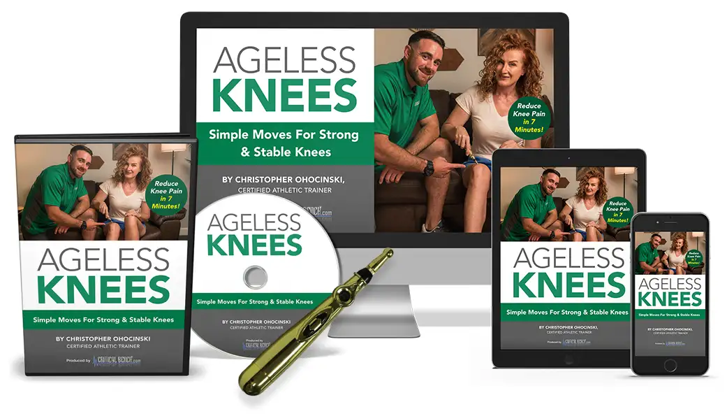 Ageless Knees complete kit — DVD, digital program, handbook and Miracle Massage Wand, official product image
