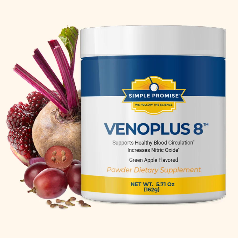 VenoPlus 8 powder dietary supplement jar by Simple Promise, official product photo