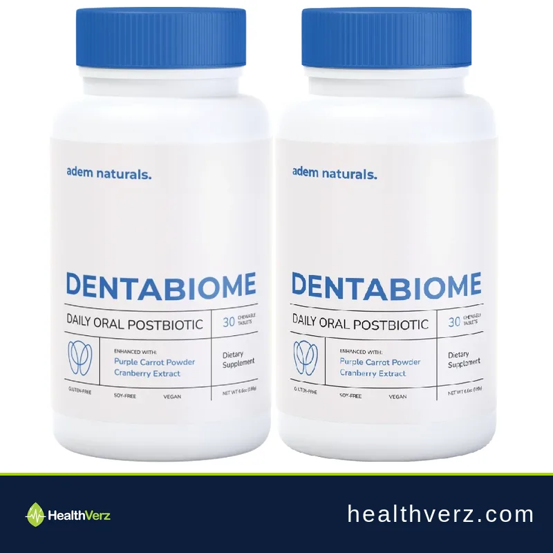 DentaBiome chewable oral probiotic tablets, genuine product photo with HealthVerz branding