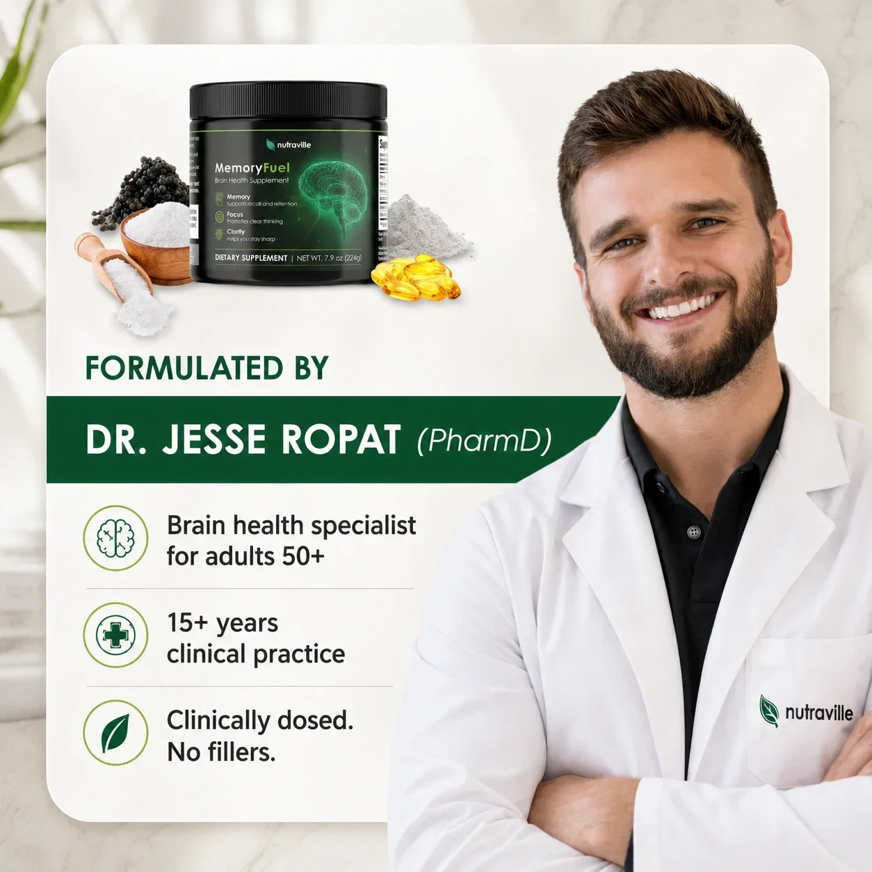 MemoryFuel brain health supplement powder jar by Nutraville