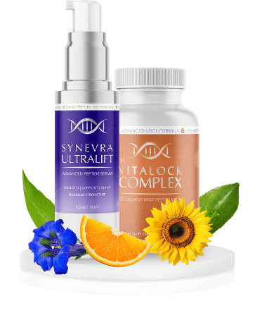 Synevra UltraLift serum and VitaLock Complex bottles, the Lift and Lock system